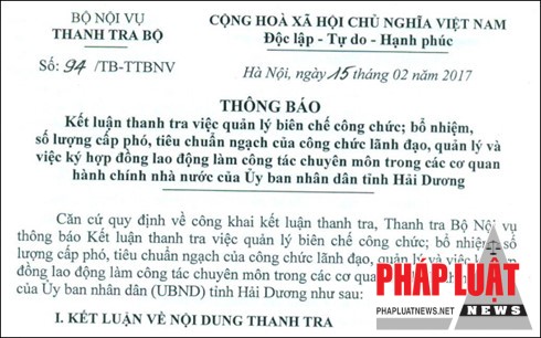 Thông báo Kết luận thanh tra về quản lý biên chế, bổ nhiệm cấp phó trong cơ quan của UBND tỉnh Hải Dương.