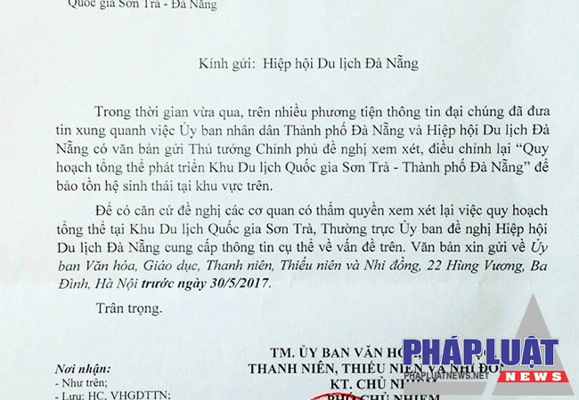Công văn từ Ủy ban Văn hóa, Giáo dục, Thanh niên, Thiếu niên và Nhi đồng của Quốc hội gửi Hiệp hội Du lịch Đà Nẵng "Về việc Quy hoạch tổng thể phát triển Khu du lịch quốc gia Sơn Trà-Đà Nẵng".